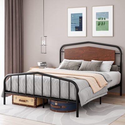 Metal Bed Frame with Wooden Headboard - Wrought Iron Platform Bed, Under Bed Storage,  Easy Assembly for Industrial Style Bedroom