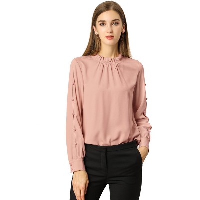 INSPIRE CHIC Women's Work Ruffle Trim Mock Neck Button Decor Solid Blouse Shirt