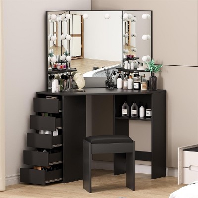 Vanity Desk with Mirror, Makeup Vanity with Lights, Vanity Table Set with 5 Sliding Drawers, Shelves and Vanity Stool, Corner Vanity for Women, Black