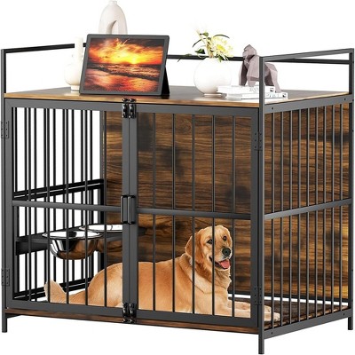 Whisen 41"Furniture Style Large Dog Crate, Adjustable Raised Feeder