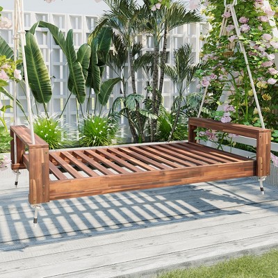 Rustic Twin Size Outdoor Acacia Wood Porch Swing Daybed with 98" Hemp Ropes, Hanging Patio Swing