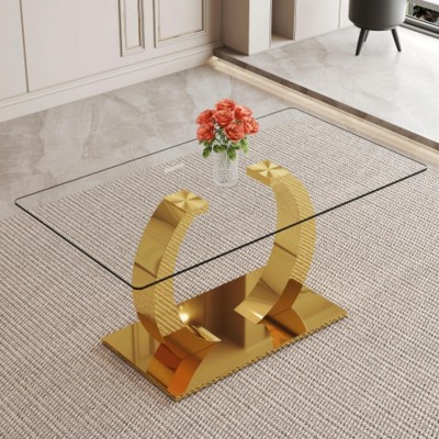 63x35.4x30" Tempered Glass Dining Table with Golden Stainless Steel Legs, Durable & Elegant