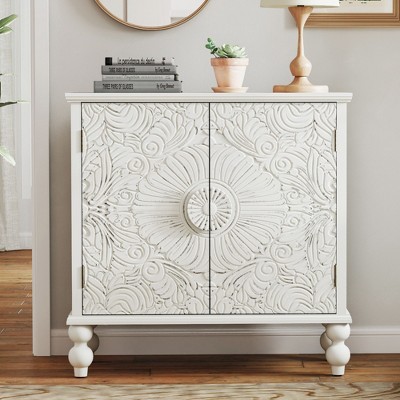 Buffet Cabinet with Storage, Accent Cabinet with 2 Carved Doors, Solid Wood Sideboard with Adjustable Shelf, Vintage Cabinets for Kitchen