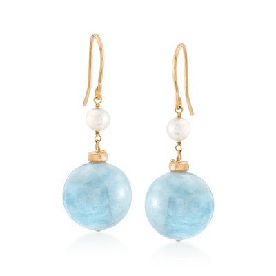 Ross-Simons 35.00 ct. t.w. Milky Aquamarine and 4-5mm Cultured Pearl Drop Earrings in 18kt Gold Over Sterling