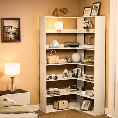 GustoWave Corner Bookshelf, 6-Tier Tall Wooden Corner Bookcase with Baffles, Open Bookshelf L-Shaped Storage Display Rack, Bookcases Shelf Unit