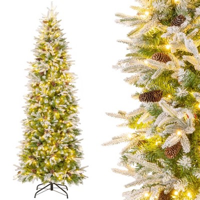 Costway 6/7.5/9 FT Flocked Christmas Tree with 671/913/1310 PE PVC Branch Tips 280/350/470 Warm White LED Lights