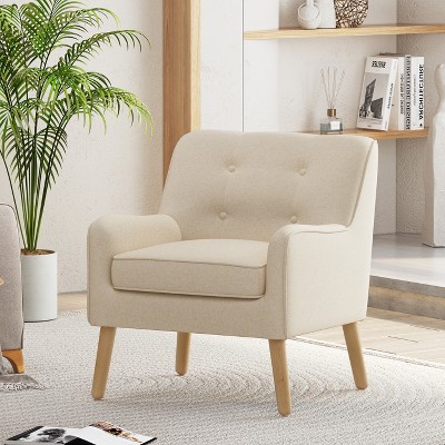 KTMBDW Accent Chair, Tufted Fabric Armchair with Wooden Legs, Mid-Century Modern Comfy Reading Chair for Bedroom, Living Room