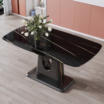 4-6 Seater Imitation Marble Kitchen Table,Table With Glass Tabletop And U Shaped MDF Legs,Rectangular Large Dining Table-Cuddlewood