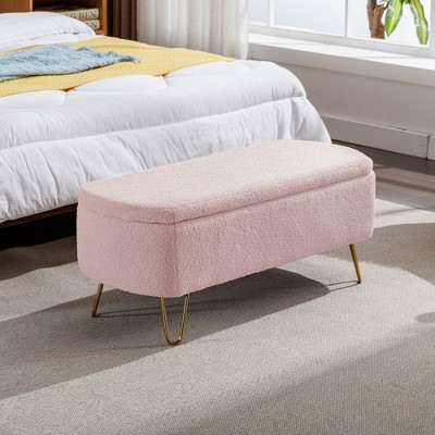 Storage Ottoman Bench, Storage Bench With Safety Hinge, Metal Feet Faux Fur Upholstered Storage Bench