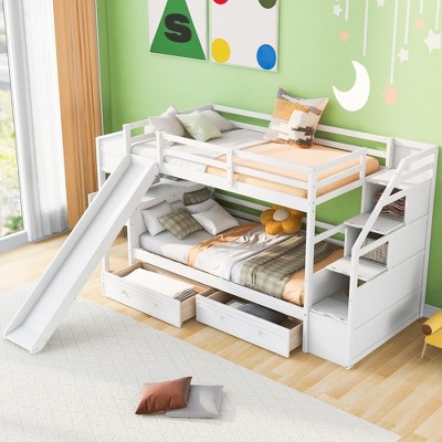 Twin Over Twin Bunk Bed with Slide, Storage Drawers, Desk with Shelves, and Staircase for Kids, White Wood Frame