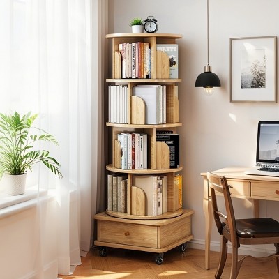 Rotating Bookshelf Tower with Drawer, Modern MDF Space-Saving Book Organizer for Small Rooms and Corners-3irtyhousy