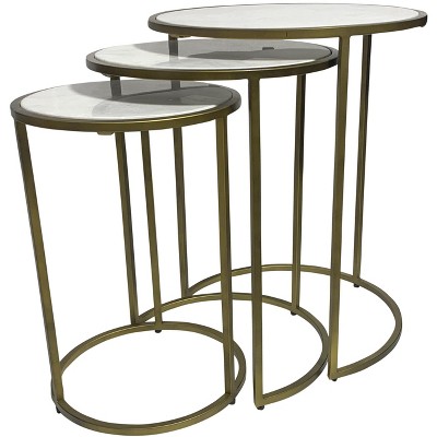HomeRoots Set of Three White and Antiqued Gold Marble and Iron Round Frame Nested Tables