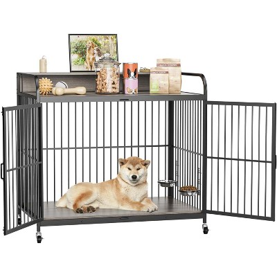 Furniture Style Wooden Dog Crate with Wheels, Dual Bowls & Washable Mat, Heavy-Duty End Table Pet Kennel for Large Dogs