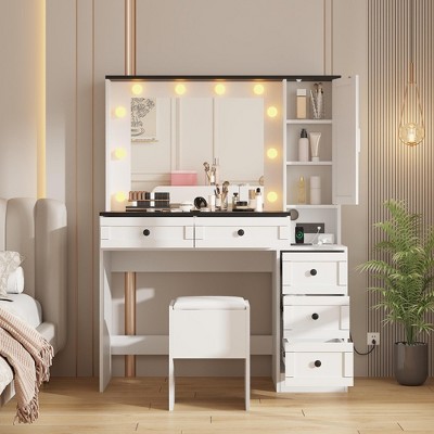 COZONY Makeup Vanity Desk with Mirror & Stool, Vanity Table Set with Drawers & Hidden Storage Shelves