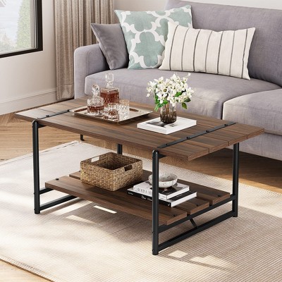 2-Tier Farmhouse 41'' Large Gray Wood Coffee Table with Storage Shelf