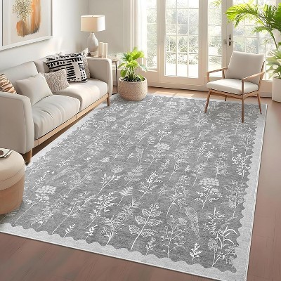 Washable Floral Runner Rug, Non-Slip, Low-Pile, Scalloped Pattern for Kitchen, Hallway, Laundry, Bathroom