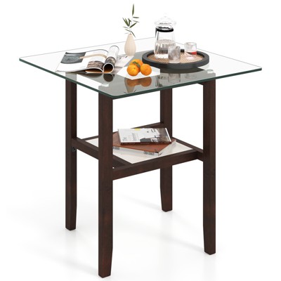 Tangkula 24" Square Glass Side Table w/Storage Shelf & Rubber Wood Frame for Living Room
