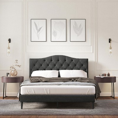 Glenwillow Home Oros Upholstered Platform Bed, Tufted Camelback, Mattress Foundation, Wood Slat Support, No Box Spring Needed, Gray, Queen