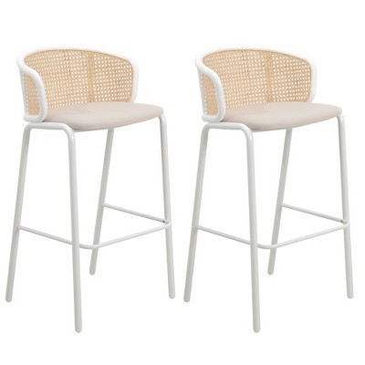 LeisureMod Ervilla Set of 2 Mid-Century Modern Wicker Bar Stools with Fabric Seat and Black Powder-Coated Steel Frame, Bar Height Seating