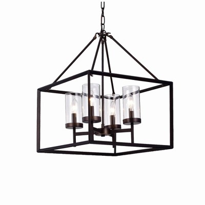 Warehouse Of Tiffany 20"x20"x15" 4-Light Anson Square Chandelier Bronze : ETL Listed, Glass Shade, Metal Body