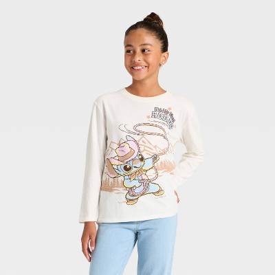 Girls' Disney Stitch Rodeo Long Sleeve Graphic T-Shirt - Ivory