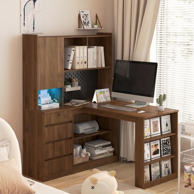 PAGED L Shaped Computer Desk Modern Office Desk with Grid Panel, Storage Drawer and Cabinet for Office