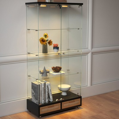 KTMBDW Display Cabinet with Glass Doors, 4-Tier Curio Cabinet with 2 Drawers and Lock, Storage Case for Living Room Bedroom