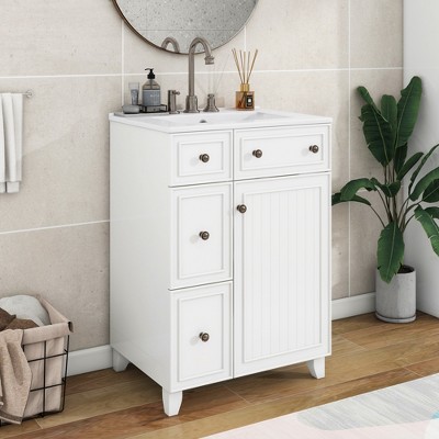 LOVMOR 24-Inch Bathroom Vanity Cabinet with Ceramic Sink, 2 Drawers, 1 Door