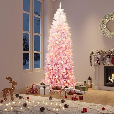 Prelit Pencil Christmas Tree, Pink Gradient Snow Flocked with 100 Dual Color Lights, 320 Branch Tips, Metal Stand