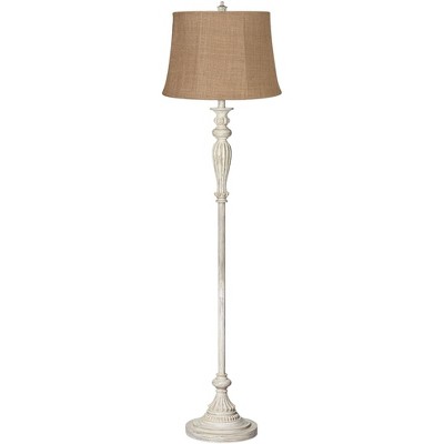 360 Lighting Vintage Chic Floor Lamp 60" Tall Antique White Washed Natural Burlap Fabric Drum Shade for Living Room Reading Bedroom Office