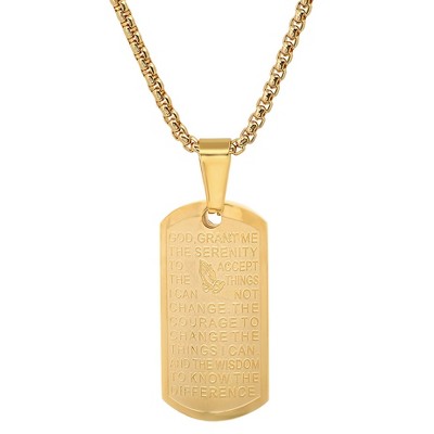 Steeltime Ladies stainless steel serenity prayer pendant comes with 18" chain. Color Options: Silver, Gold