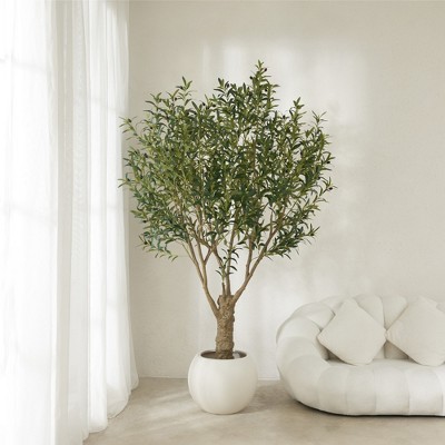 DR.Planzen 7FT Artificial Olive Tree with Thick Stump - UV Resistant Faux Plant for Indoor/Outdoor, Black Pot & Realistic Green Leaves