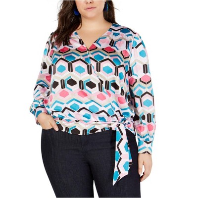 I.N.C International Concepts Womens Honeycomb Wrap Blouse, Pink, 3X