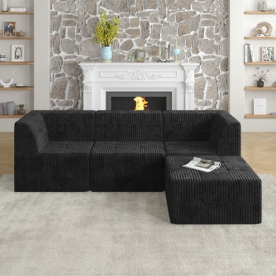 TiramisuBest L-Shaped Modular Sectional Sofa, Compressed Corduroy Couch, Modern Minimalist Sleeper Sofa for Living & Bedroom, Black