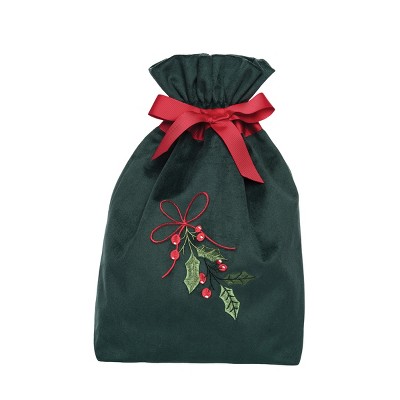 Gallerie II Splendor Velvet Green Holly Branch Design Christmas Gift Bag