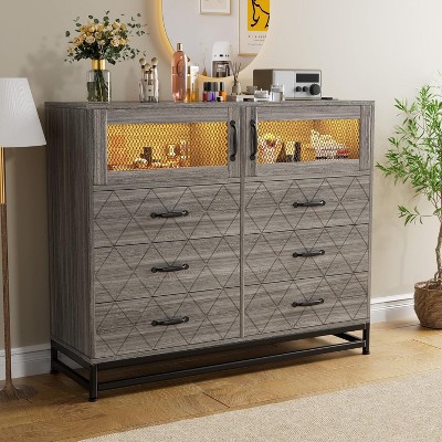 CuisinSmart Dresser for Bedroom with 6 Drawers 2 Door Storage Cabinet Dressers & Chest of Drawers with Charging Station and LED Lights