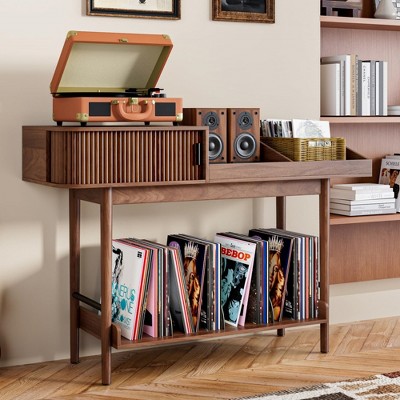 MOEPISY Mid Century Modern Record Player Stand, Vinyl Record Storage with Fluted Sliding Doors, Large Record Player Table