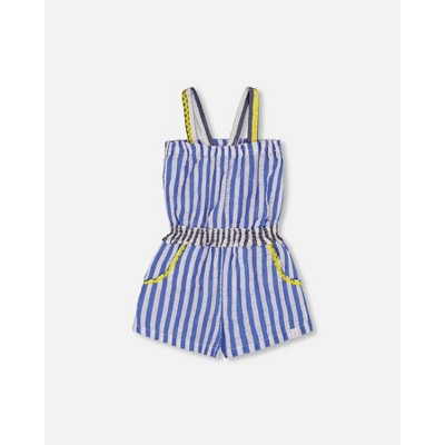 Deux par Deux Girl Sleeveless Seersucker Romper Blue and White Striped