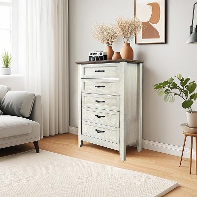 Acekool 5 Drawer Dresser, Farmhouse Tall Chest with Metal Handles, Modern Wooden Organizer for Bedroom, Living Room, Entryway