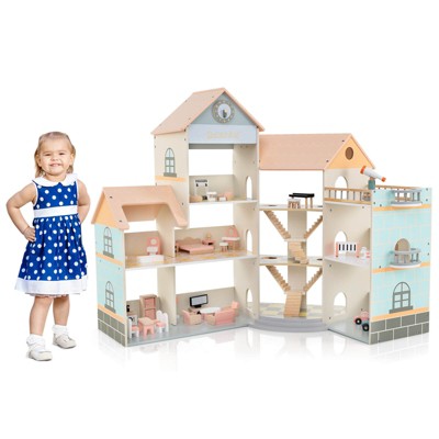 Costway Wooden Corner Dollhouse Playset with 41 Pieces of Furniture and Accessories