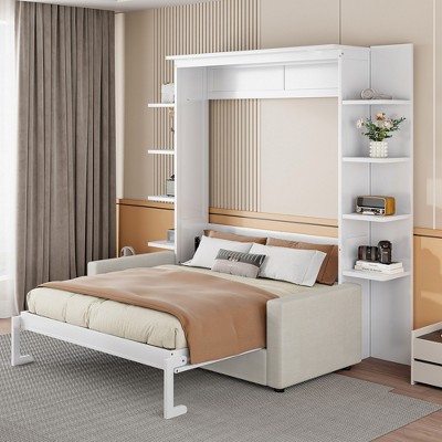 TIRAMISUBEST Queen Size Murphy Bed with Sofa, Folding Bed Frame Cabinet Wall Bed with Shelves and 2 Top Lights