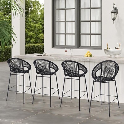 Outdoor PE Wicker Woven Barstools Set of 4,Patio Barstools with ron Frame,Modern Armrests Barstools for Poolside or Balcony-Coolbibila