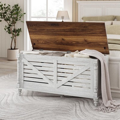 Wooden Storage Chest, Sturdy Large Storage Trunk, Entryway Bench Toy Chest Bench, Grey White