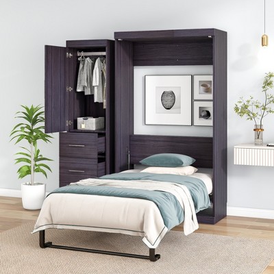 Twin/Full Size Murphy Bed Wall Bed Storage Bed with Wardrobe and Drawers, Gray-ModernLuxe