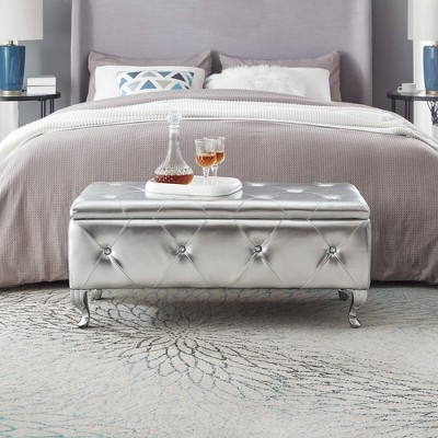 Upholstered Storage Ottoman Bench For Bedroom End Of Bed Rectangular Storage Benches Footrest With Crystal Buttons For Living Room Entryway (Silver)