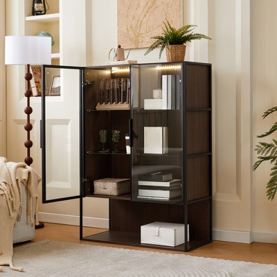 Display Cabinet with Glass Door, 51.2'' Tall Corner Display Curio Cabinet, Bar and Liquor Storage Cabinet, Collectibles Display Case Brown