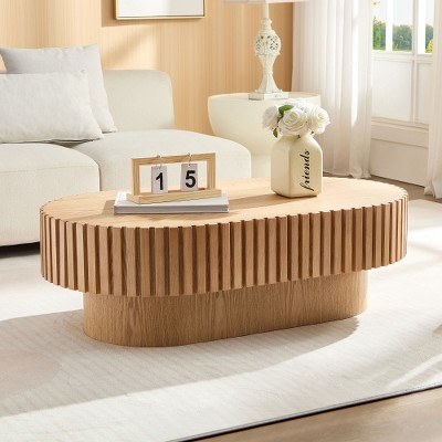 Lyngins Modern Handcraft Drum Coffee Table, Ellipse Coffee Table for Living Room, 43.7" Multi-Functional Living Room Table & Center Table
