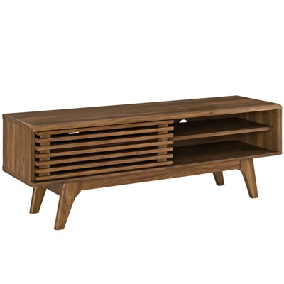 Render TV Stand for TVs up to 55": Mid-Century Media Console for 55" TVs, Walnut Grain, Sliding Doors - Modway