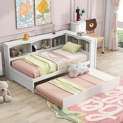 NicBex Twin Size Daybed 86" L Modern Wooden Bed Frame with Trundle, Storage Cabinets and Ports for Bedroom, Living Room, No Box Spring Required