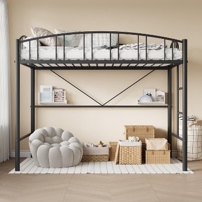 Loft Bed Twin Size with Ladder and Arched Guardrail, Heavy Duty Metal Loft Bed Frame